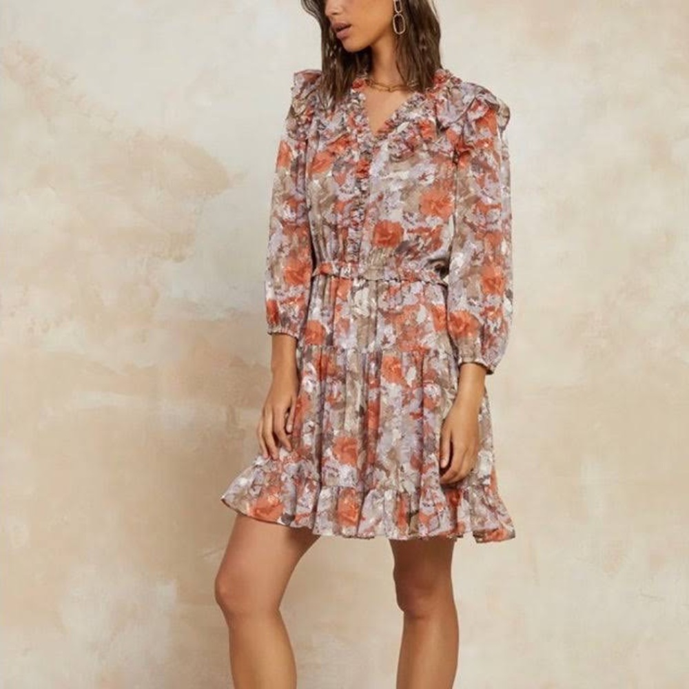 Current Air Floral Ruffle Dress - Orange and Gray